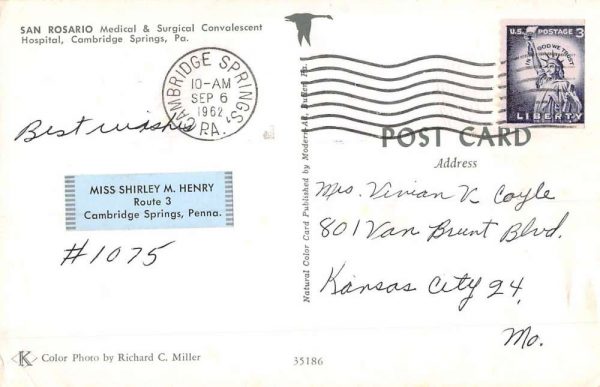 Cambridge Springs Pennsylvania San Rosario Hospital Vintage Postcard K98002 - Image 2
