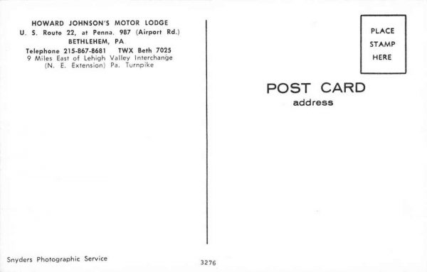 Bethlehem Pennsylvania Howard Johnsons Motor Lodge Vintage Postcard K98010 - Image 2