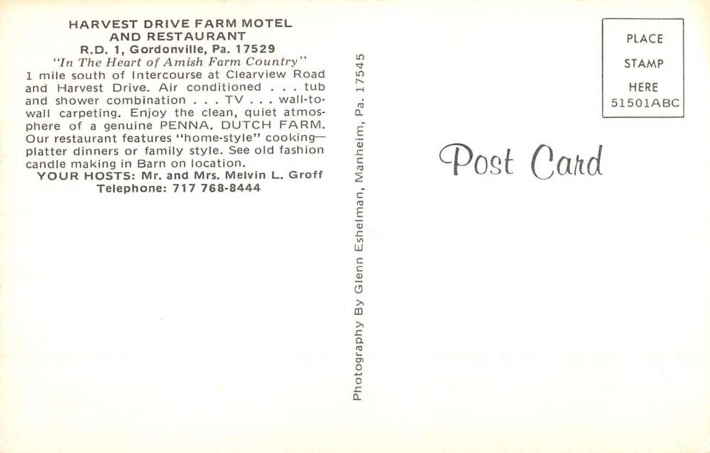 Gordonville Pennsylvania Harvest Drive Farm Motel Vintage Postcard K98021 - Image 2