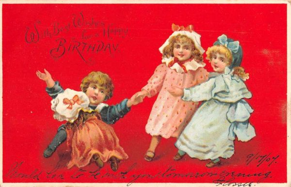 Happy Birthday Children Playing Best Wishes Antique Postcard K98106