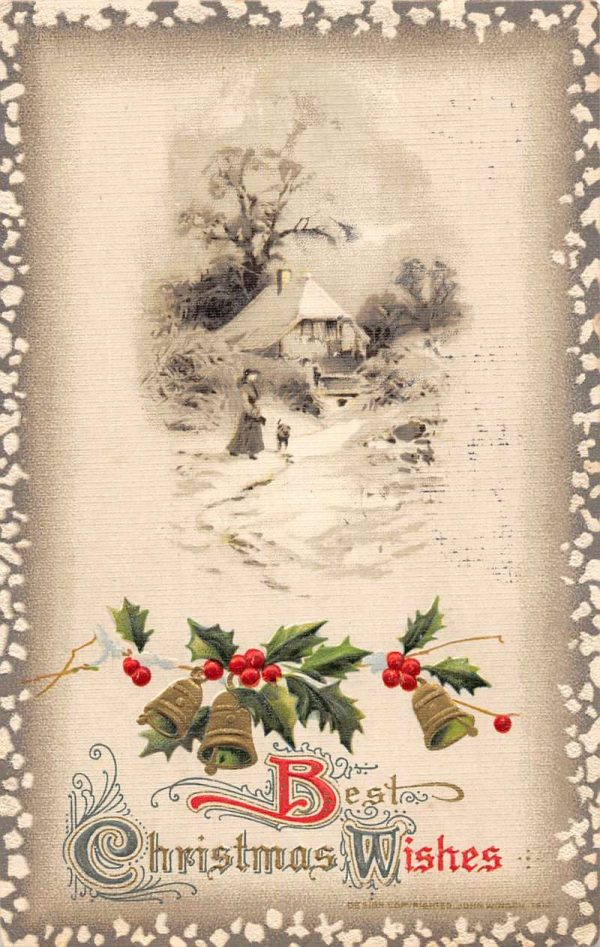 Group Of 4 Christmas Greeting Bells Snow Scene Winsch Antique Postcards K98163