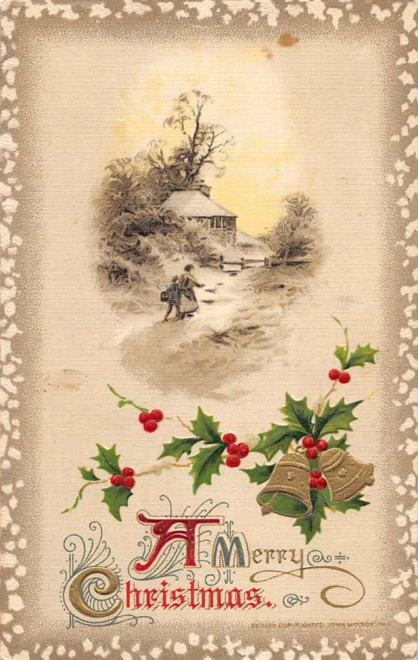 Group Of 4 Christmas Greeting Bells Snow Scene Winsch Antique Postcards K98163 - Image 3