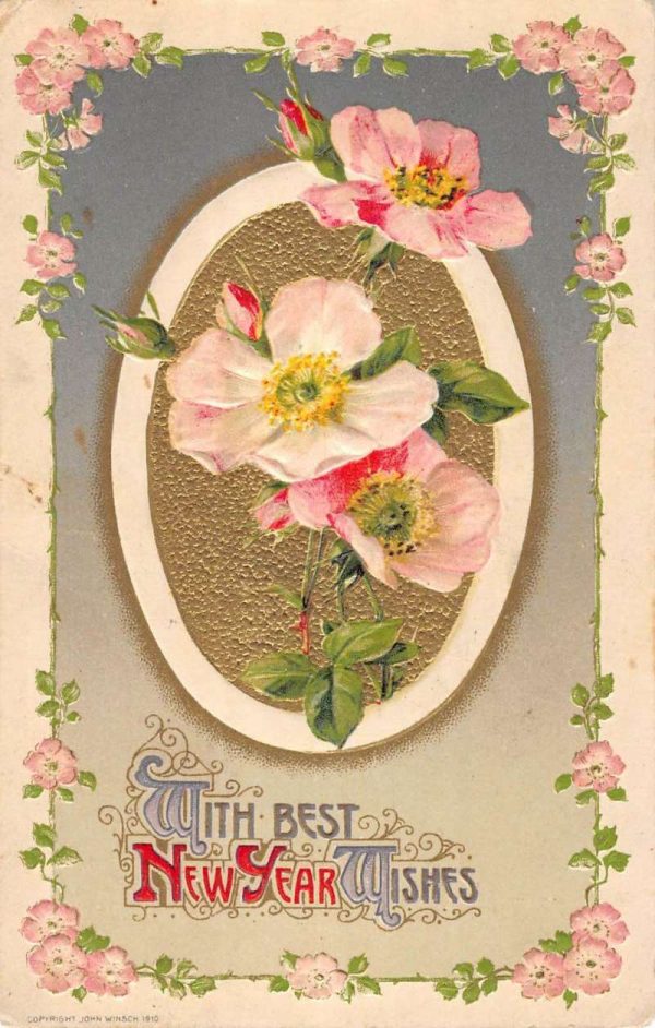 Group Of 4 Bew Years Best Wishes Flower Winsch Antique Postcards K98164 - Image 3