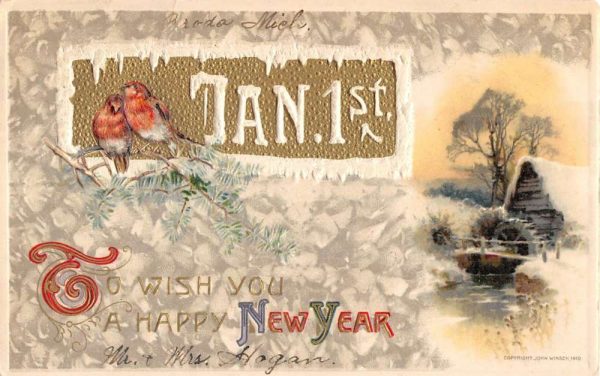 Group Of 3 Happy New Year Birds Snow Scene Winsch Antique Postcards K98165 - Image 3