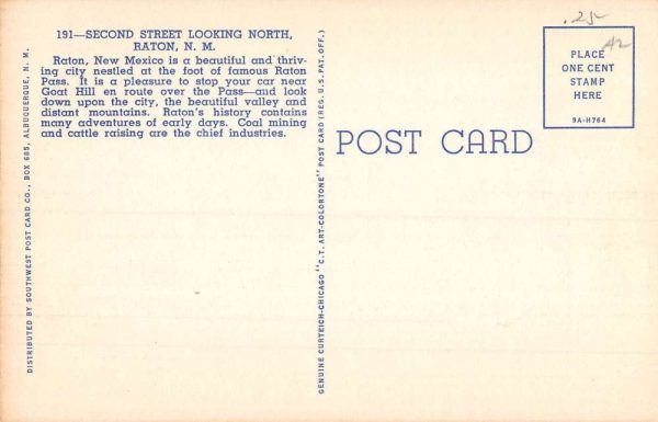 Raton New Mexico Second Street Looking North Antique Postcard K98429 - Image 2