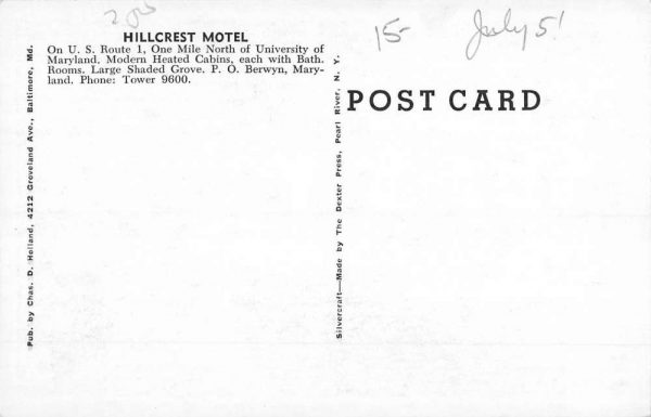 Berwyn Maryland Hillcrest Motel Street View Antique Postcard K98513 - Image 2