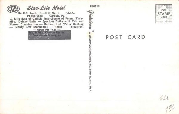 Carlisle Pennsylvania Star Lite Motel Street View Vintage Postcard K98743 - Image 2