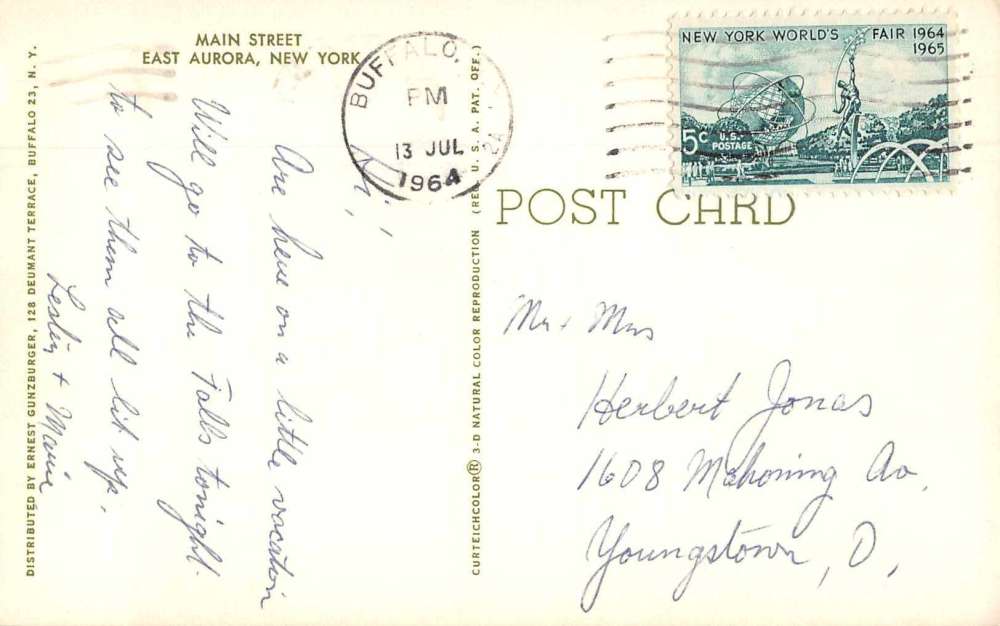 East Aurora New York birds eye view Main St business district vintage pc Z49147 - Image 2