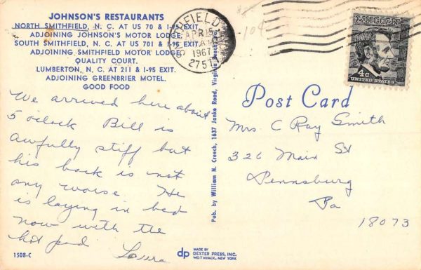 Lumberton North Carolina Johnsons Restaurant Multiview Vintage Postcard K99099 - Image 2