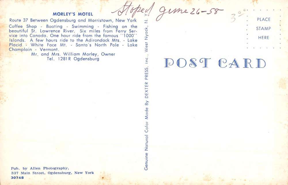 Morristown New York Morleys Motel Waterfront Vintage Postcard K99168 - Image 2