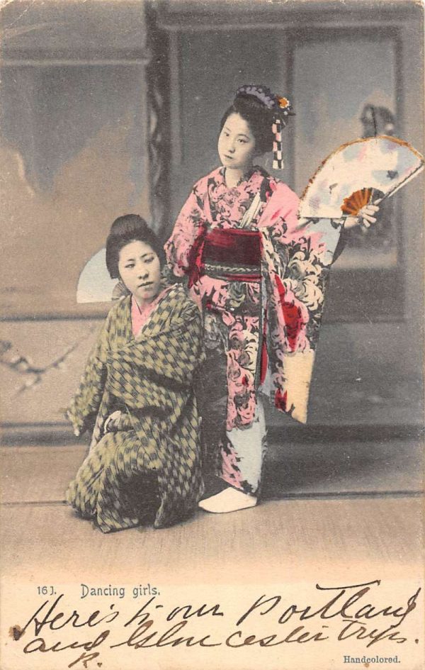 Japanese Women Geisha Japan Orient Kimono Dancing Antique Postcard K99698