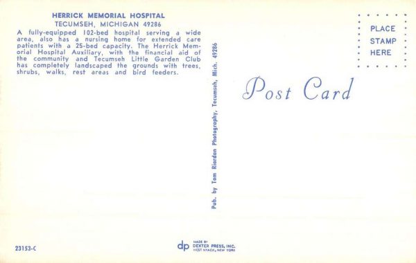 Tecumseh Michigan Herrick Memorial Hospital Street View Vintage Postcard K99857 - Image 2