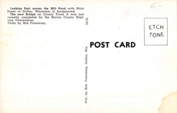 Dallas Wisconsin Looking East Mill Pond Bridge Antique Postcard K100118 - Image 2