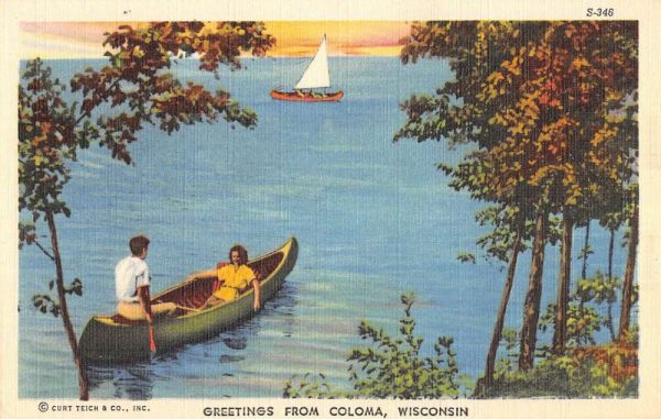 Coloma Wisconsin Row Boat Waterfront Greeting Antique Postcard K100139