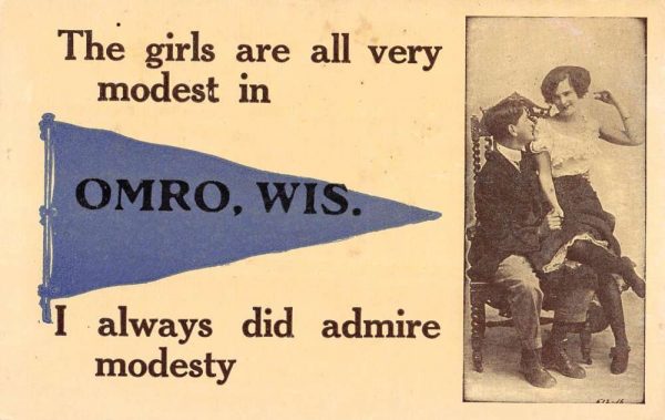 Omro Wisconsin Couple In Chair Pennant Flag Antique Postcard K100191