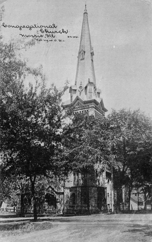 Morris Illinois Congregational Church Street View Antique Postcard K100201