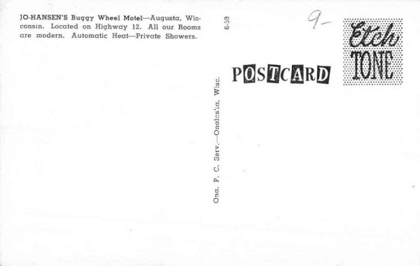 Augusta Wisconsin Jo Hansen Buggy Wheel Motel Antique Postcard K100211 - Image 2
