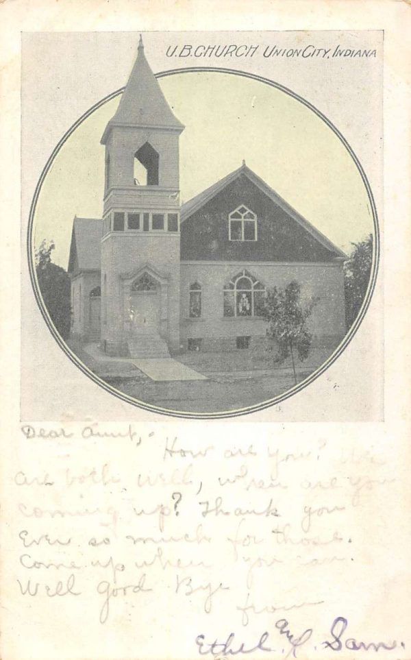 Union City Indiana UB Church Street View Antique Postcard K100293