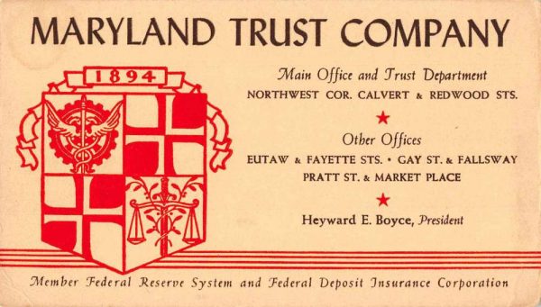 Baltimore Maryland Trust Company Antique Non-Postcard Back J78060