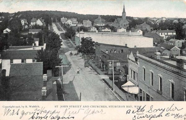 Sturgeon Bay Wisconsin St John Street Churches Antique Postcard K100462