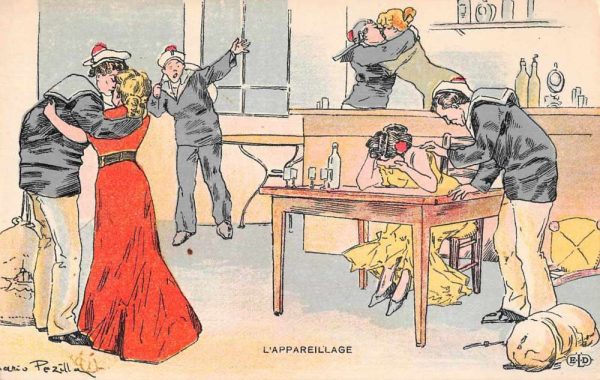 "L'Appareillage" Sailors in Bar Drinking Kissing Women Antique Postcard J78091