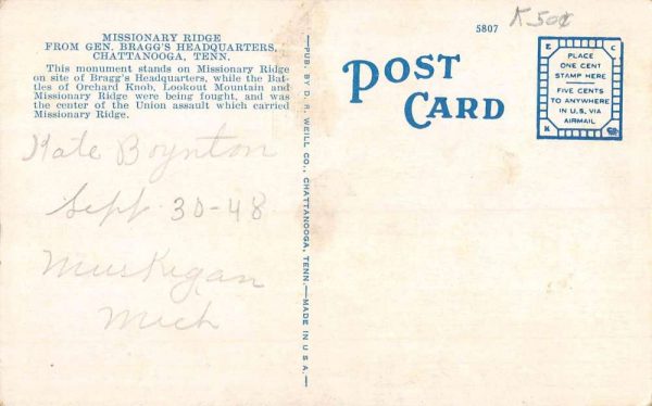 Chattanooga Tennessee Braggs Headquarters Monument Antique Postcard K100802 - Image 2