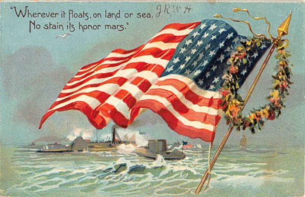 Patriotic USA Flag Wreath Boat Waterfront Antique Postcard K100852