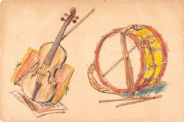 Hand Drawn Instruments Drum Violin Colored Antique Postcard K100952