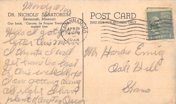 Savannah Missouri Dr Nichols Sanatorium For Cancer Antique Postcard K100981 - Image 2