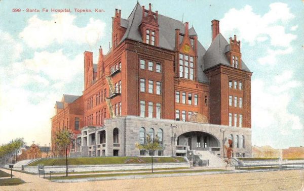 Topeka Kansas Santa Fe Hospital Street View Antique Postcard K101089