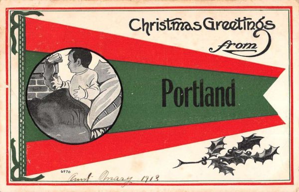 Portland Maine Christmas Greetin Pennant Flag Antique Postcard K101095