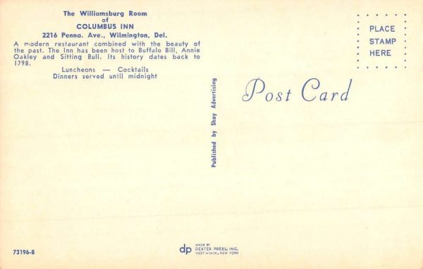 Wilmington Delaware Williamsburg Room Columbus Inn Vintage Postcard K101143 - Image 2
