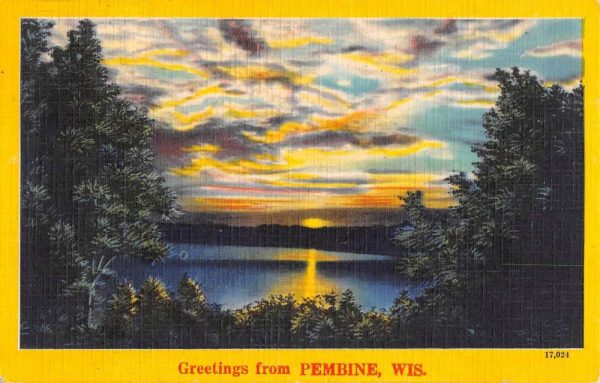 Pembine Wisconsin Sunset Waterfront Greeting Antique Postcard K101196