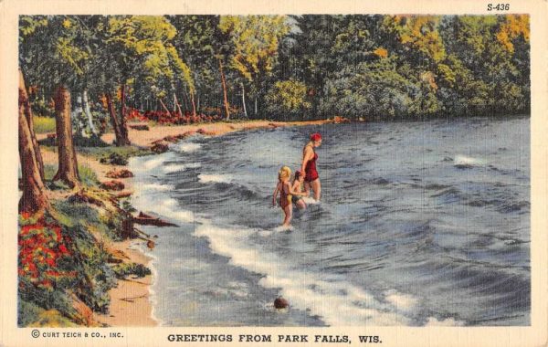 Park Falls Wisconsin Bathing Beach Scene Greeting Antique Postcard K101197