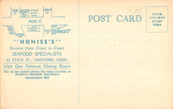 Hartford Connecticut Honiss Oyster House Ad Antique Postcard K101250 - Image 2