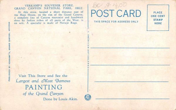 Grand Canyon Park Arizona Verkamps Souvenir Store Antique Postcard K101467 - Image 2