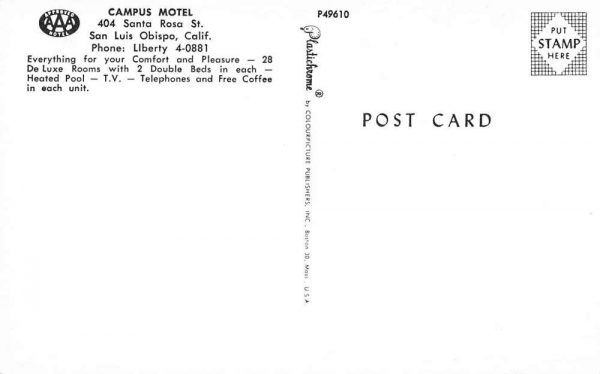 San Luis Obispo California Campus Motel Street View Vintage Postcard K101527 - Image 2