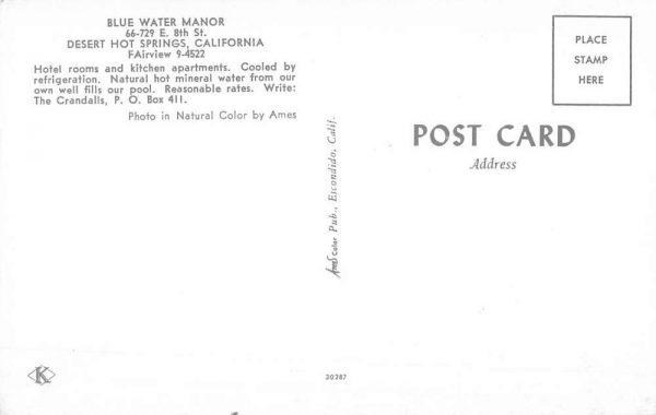 Desert Hot Springs California Blue Water Manor Vintage Postcard K101532 - Image 2