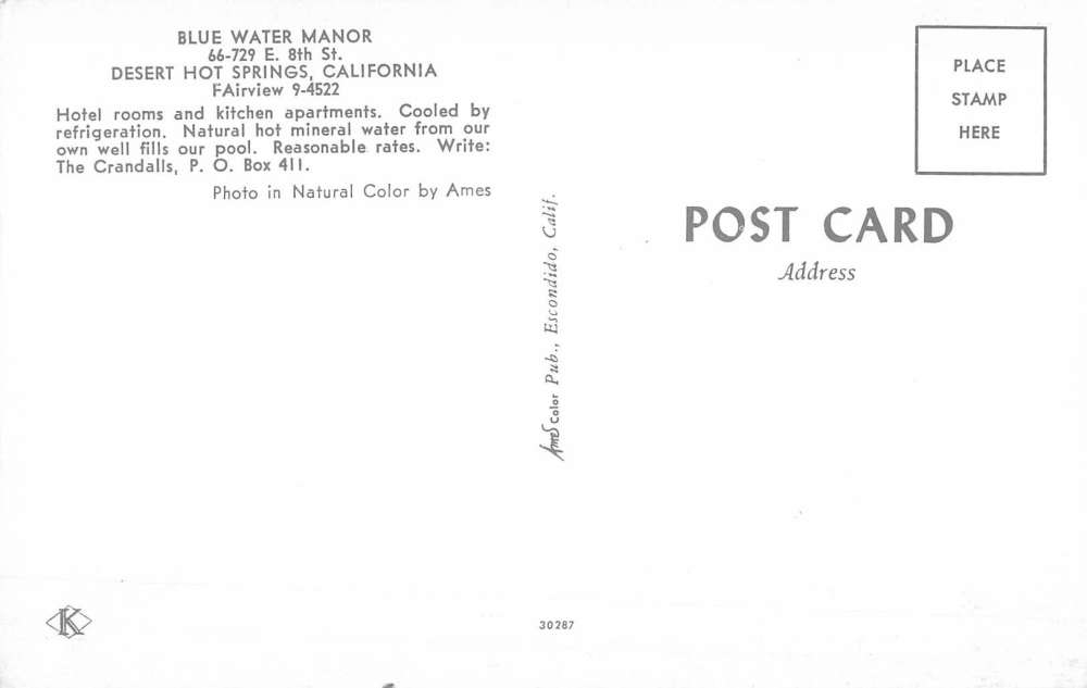 Desert Hot Springs California Blue Water Manor Vintage Postcard K101532 - Image 2