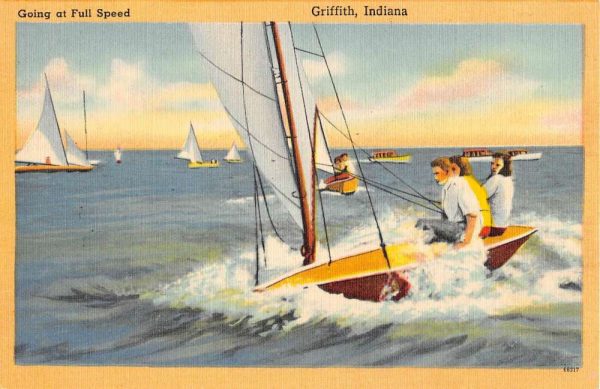 Griffith Indiana Sail Boat Scene Linen Antique Postcard K101579