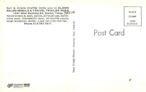Alamo Texas Alamo Palm Mobile Travel Trailer Park Vintage Postcard K101589 - Image 2