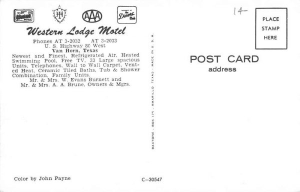 Van Horn Texas Western Lodge Motel Street View Vintage Postcard K101599 - Image 2