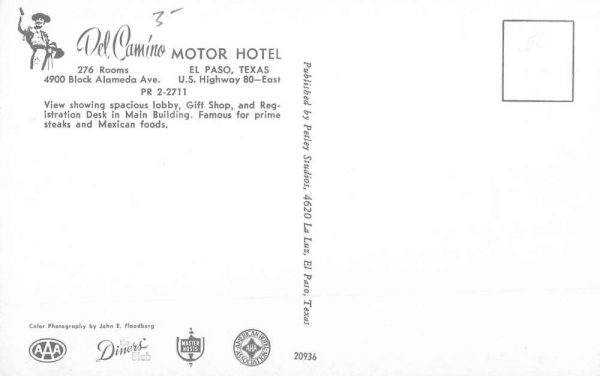 El Paso Texas Del Camino Motor Hotel Interior Vintage Postcard K101604 - Image 2