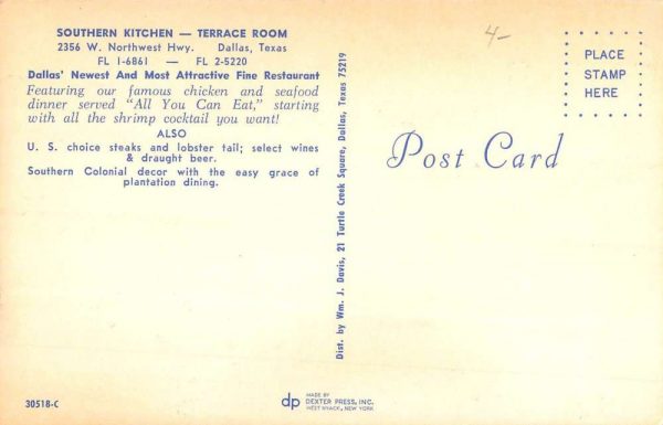 Dallas Texas Southern Kitchen Terrace Room Vintage Postcard K101609 - Image 2