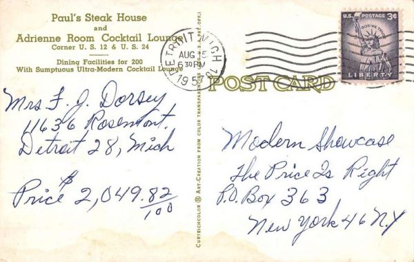 Detroit Michigan Pauls Steak House Street View Vintage Postcard K101616 - Image 2