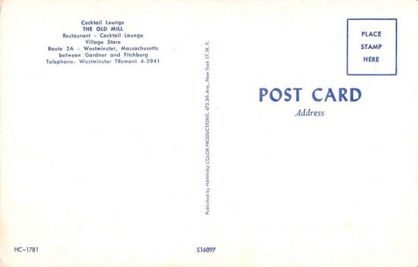 Westminster Massachusetts Old Mill Cocktail Lounge Antique Postcard K101622 - Image 2