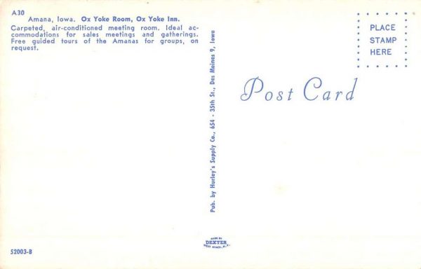 Amana Iowa OxYoke Room Inn Vintage Postcard K101627 - Image 2