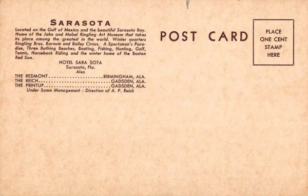 Sarasota Florida Hotel Street View Antique Postcard K101707 - Image 2