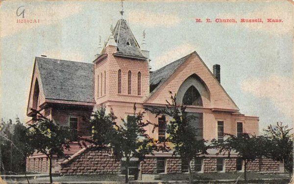 Russell Kansas ME Church Street View Antique Postcard K101865