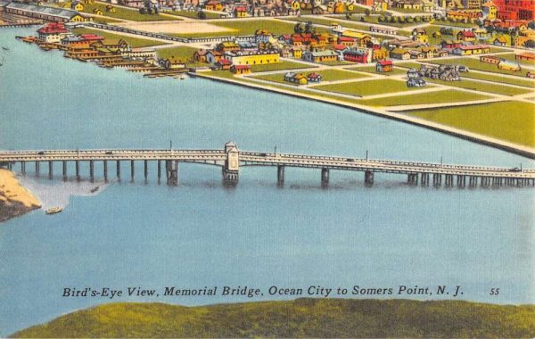 Somers Point New Jersey Memorial Bridge Birdseye View Antique Postcard K101918
